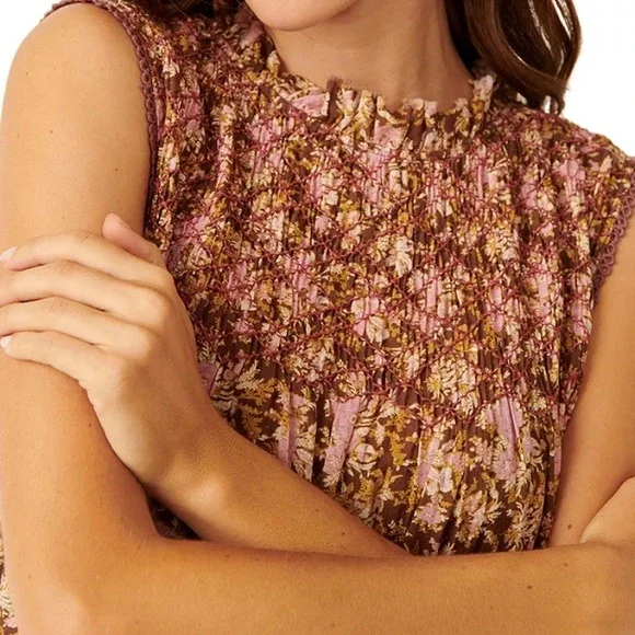 Free People Women's Shea Printed Mini Dress Floral Smocked Brown Pink Medium - Picture 3 of 9